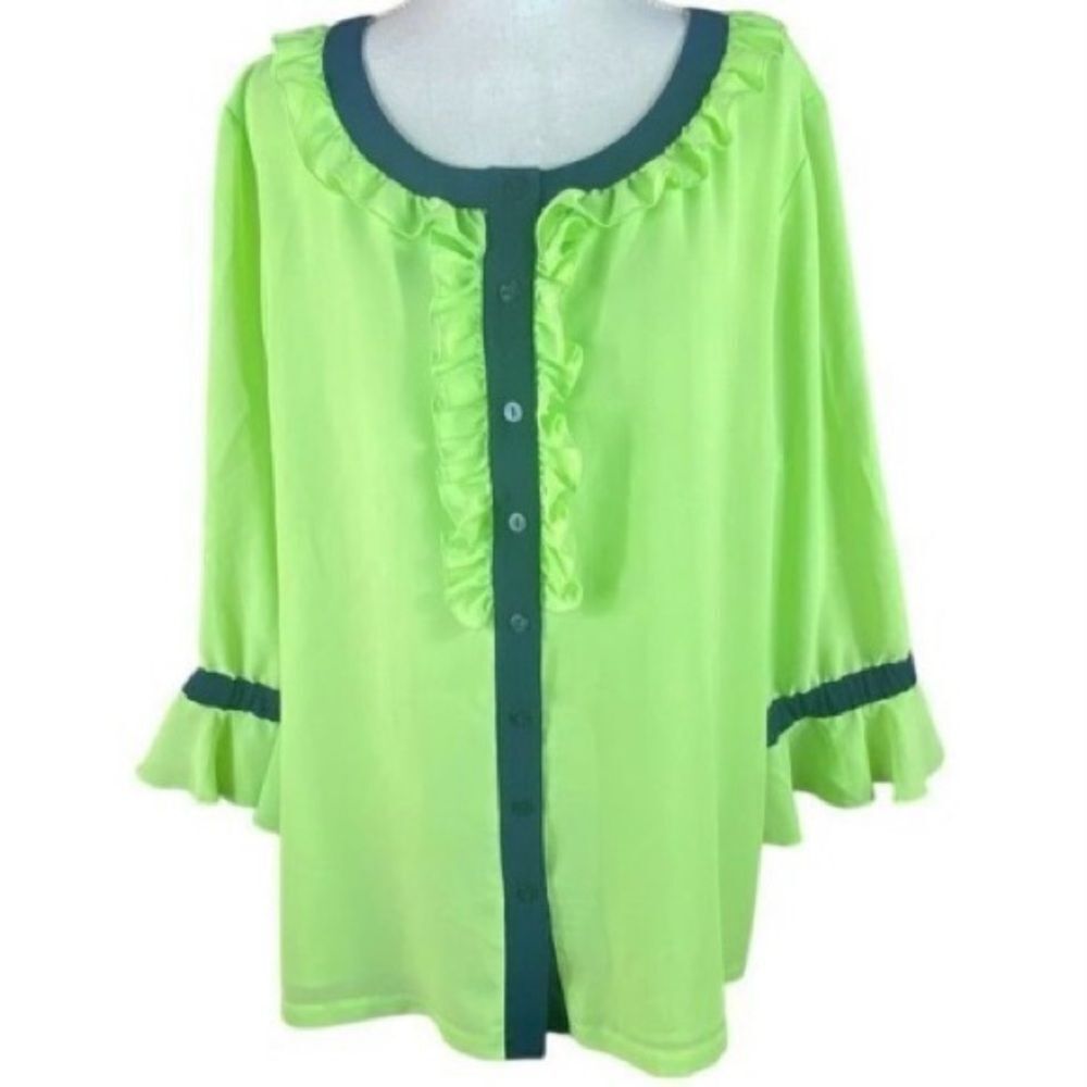 Linea by Louis Dell'olio Womens Green Teal Button Front Ruffle Blouse Size 2X